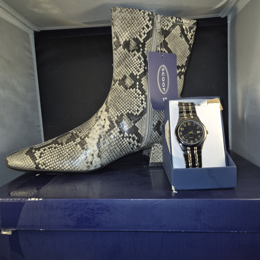 Snake-Print Pointed Ankle Boot in Black & White